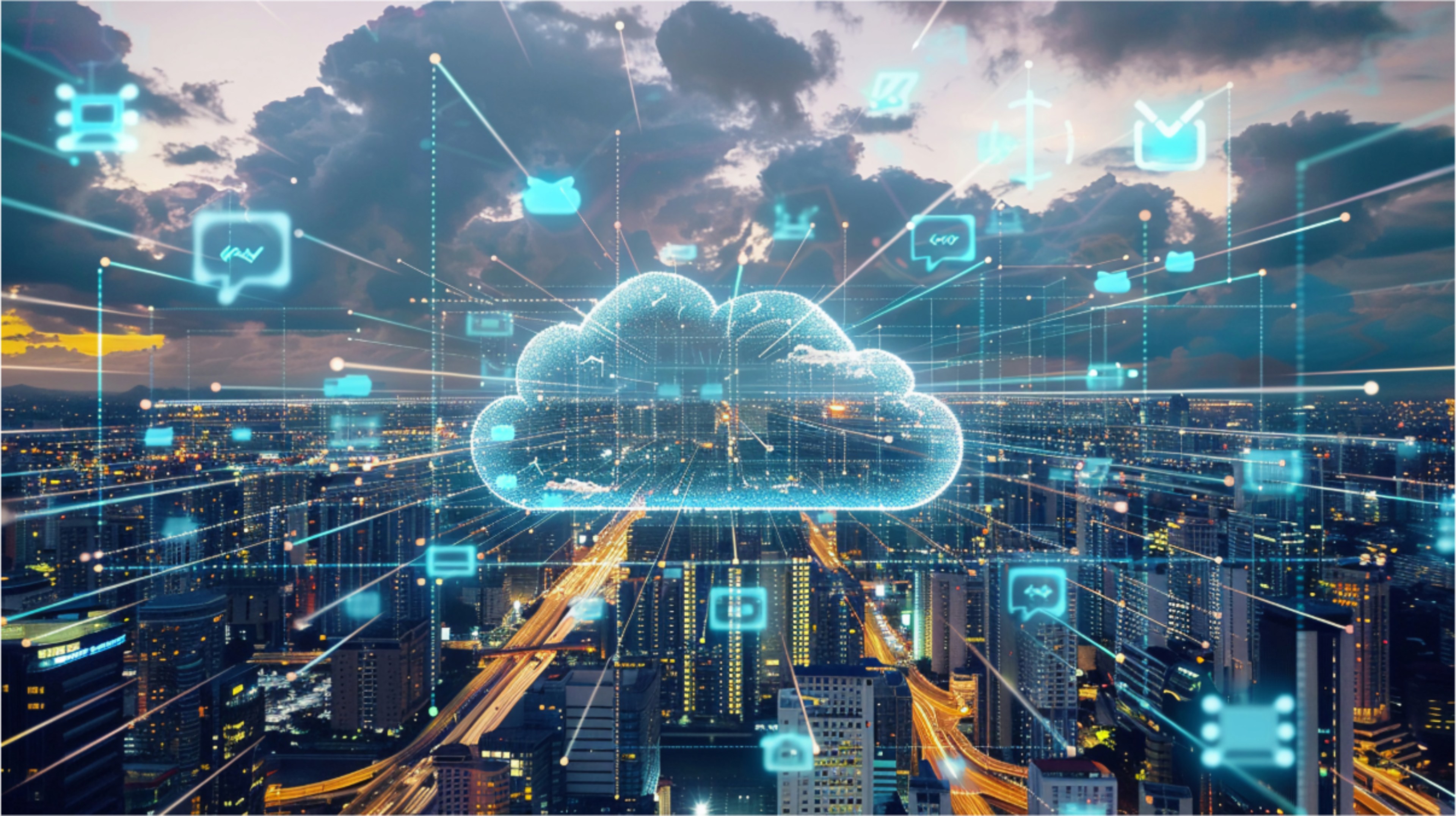 Digital cloud computing network connecting a city skyline at dusk